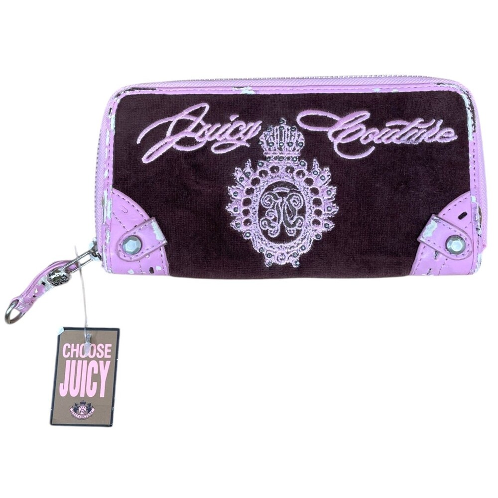 Vintage Y2K Juicy Couture Wallet Brown Pink Velour Crown Crest Embroidered New